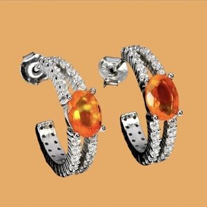 925 Sterling Silver Earrings with Natural Orange Opal 7x5mm Gem